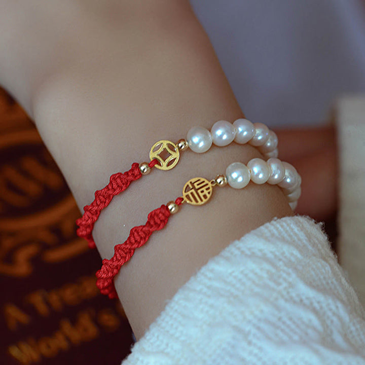 Buddha Stones 14K Gold Plated Pearl Bead Luck Protection Braid Red String Bracelet - image 5