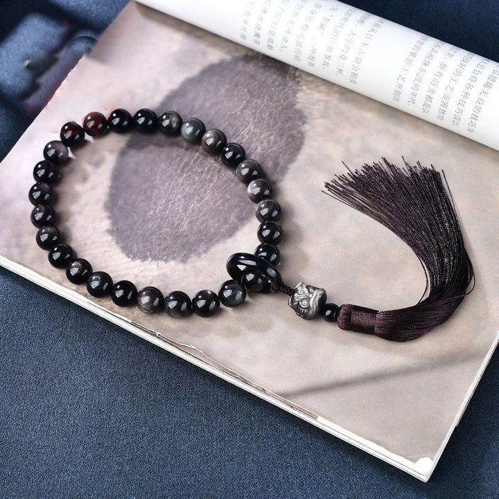 Buddha Stones Natural Silver Sheen Obsidian Lion Wrist Mala Protection Tassels Pocket Mala Car Decoration - 16mm - image 2