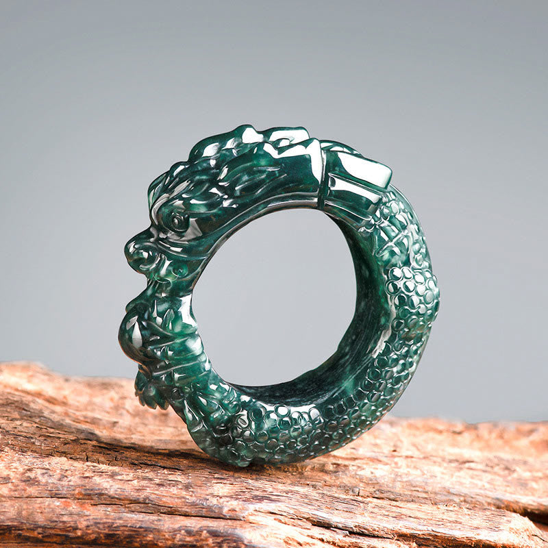 Buddha Stones Natural Cyan Jade Dragon Carved Success Ring - image 1