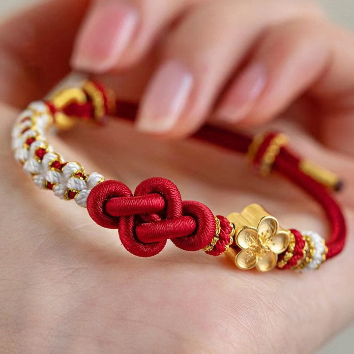 Buddha Stones Handmade True Love Knot Peach Blossom Charm Luck Rope Bracelet - True Love Knot&Gold Peach Blossom(Wrist Circumference 14-19cm) - image 0