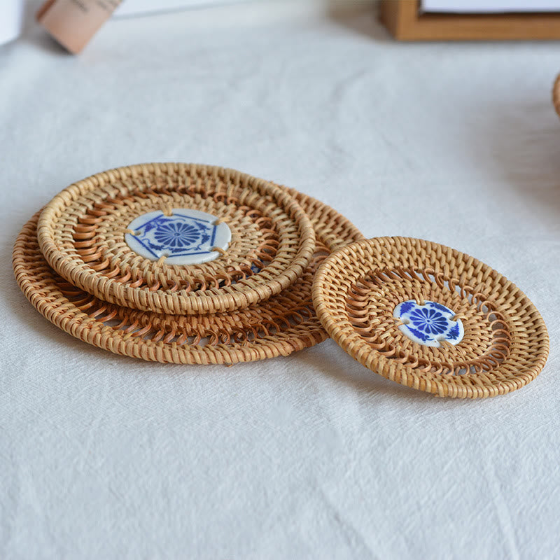 Ceramic Flower Pattern Rattan Cup Mat Tea Cup Coaster - image 0