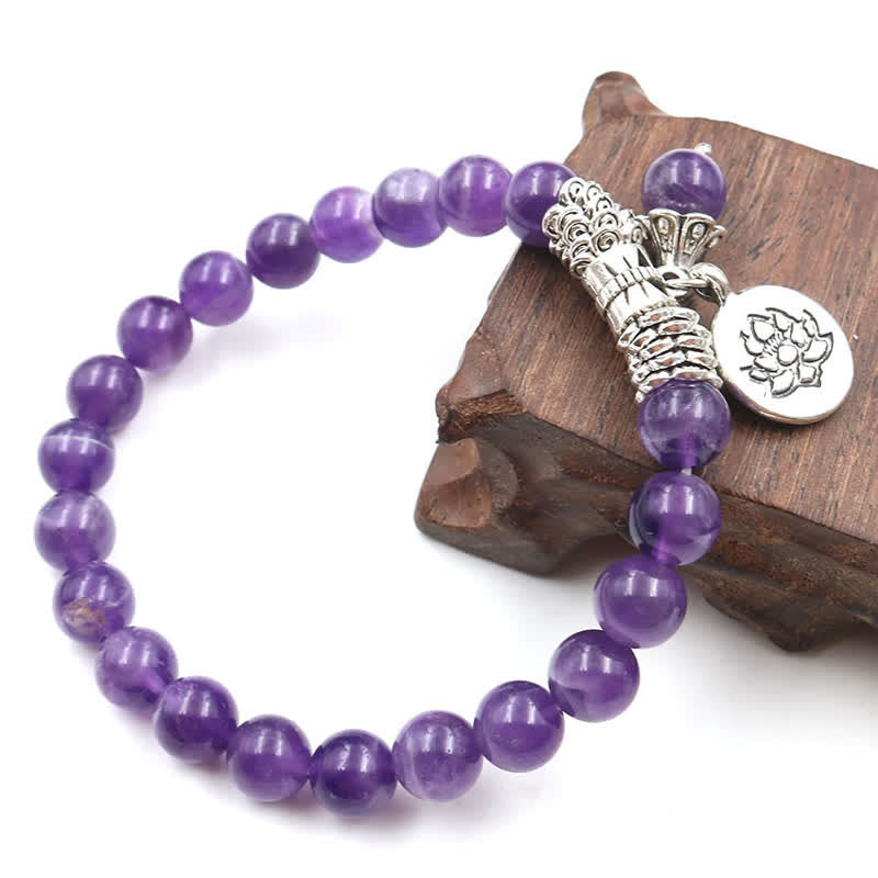 Buddha Stones Amethyst Crystal Lotus Healing Balance Bracelet - image 1