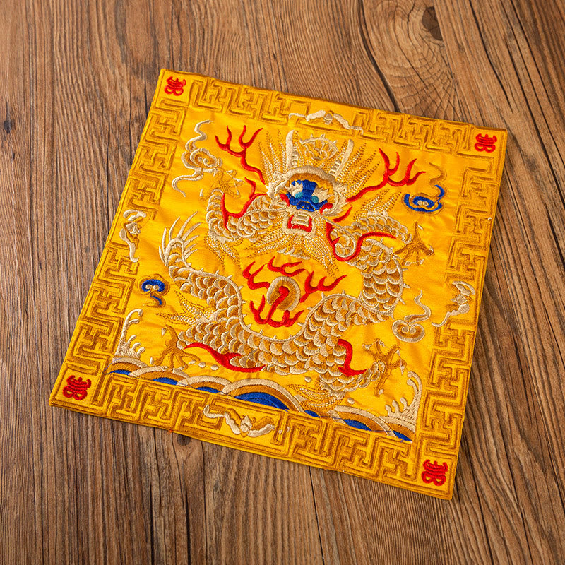 Buddha Stones Phoenix Dragon Kirin Embroidery Cup Mat Pad Tea Cup Coaster Kung Fu Tea Mat - Yellow Dragon - image 25