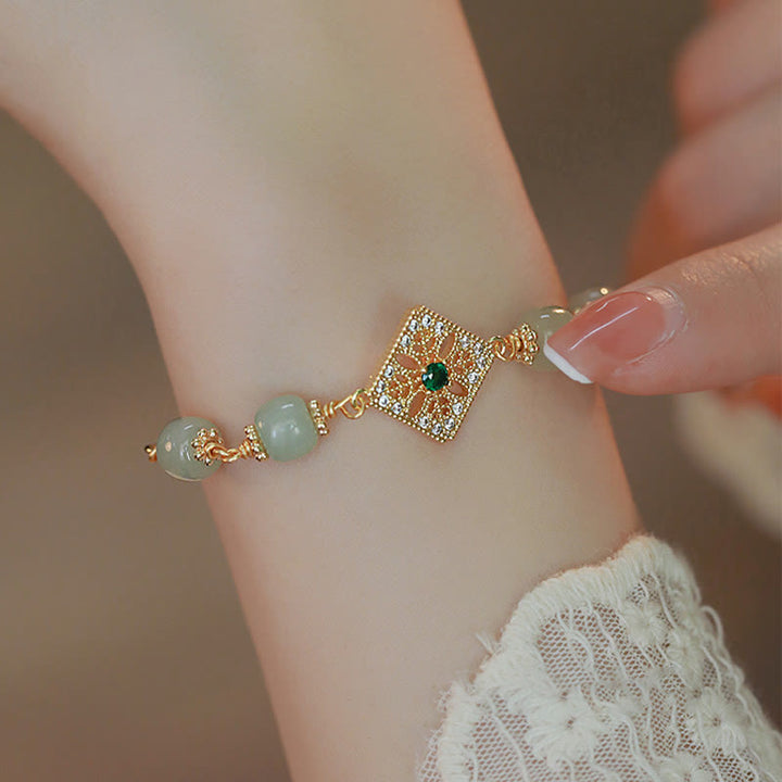 Buddha Stones Natural Hetian Jade Bead Square Pattern Luck Chain Bracelet - image 6