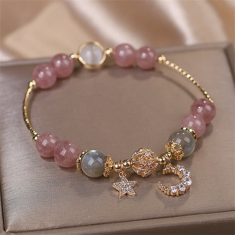 Buddha Stones Strawberry Quartz Moonstone Moon Star Love Bracelet - image 2