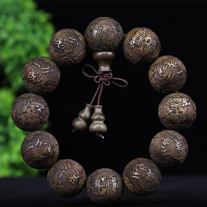 Buddha Stones Chinese Zodiac Rosewood Ebony Copper Coin PiXiu Carved Warmth Bracelet - Ebony Half Demon Half Buddha - image 14