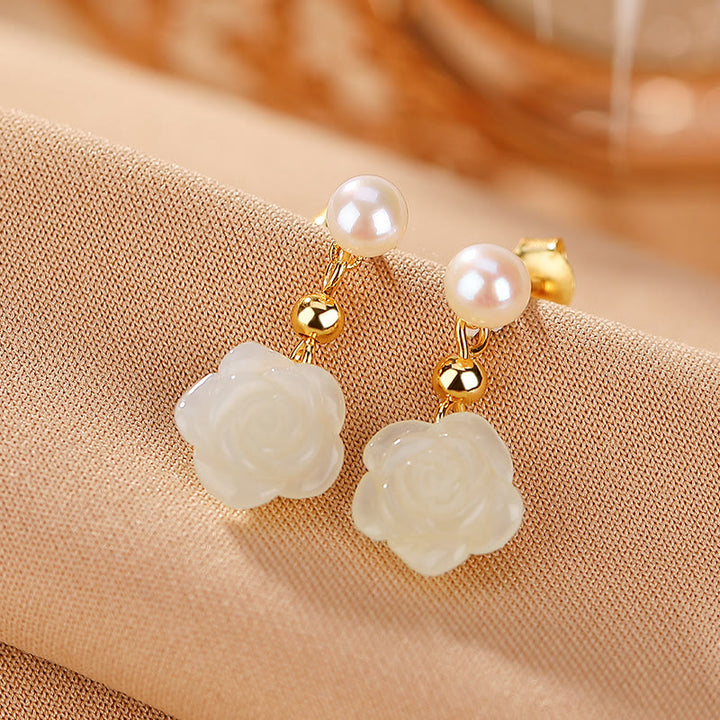 Buddha Stones 925 Sterling Silver Plated Gold Jade Rose Flower Cyan Jade Pearl Luck Earrings - Hetian Jade Pearl - image 3