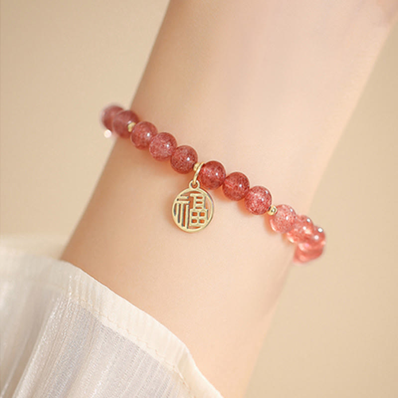 Buddha Stones 14K Gold Plated Strawberry Quartz Fu Character Healing Charm Bracelet - Strawberry Quartz(Love♥Healing) - image 0