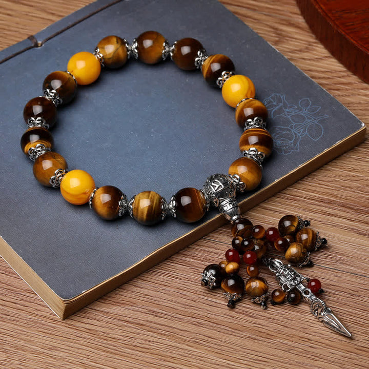 Buddha Stones Natural Tiger Eye Red Agate Dragon Vein Agate Stone Vajra Dorje Power Healing Bracelet Car Decoration - Tiger Eye - image 0