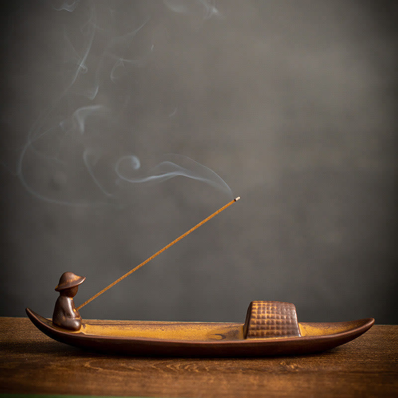 Buddha Stones A Lonely Fisherman Afloat Ceramic Healing Incense Burner - image 5