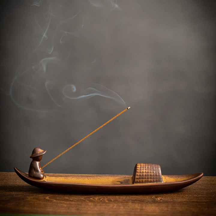Buddha Stones A Lonely Fisherman Afloat Ceramic Healing Incense Burner - image 5