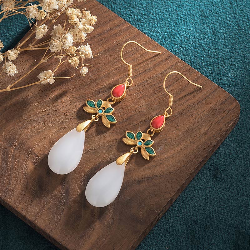 Buddha Stones FengShui White Jade Luck Drop Earrings - image 1