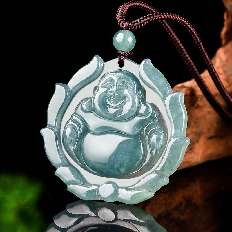 Buddha Stones Natural Jade Laughing Buddha Lotus Pattern Luck Necklace Pendant - image 1