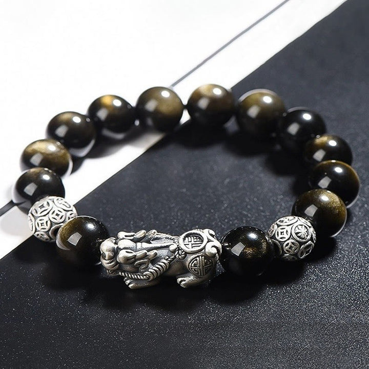 Buddha Stones 925 Sterling Silver Natural Gold Sheen Obsidian PiXiu Wealth Protection Bracelet - 12mm - image 3