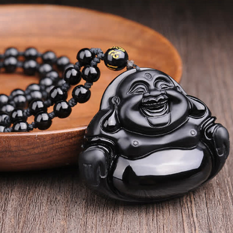 Buddha Stones Laughing Buddha Black Obsidian Transformation Pendant Necklace - image 2