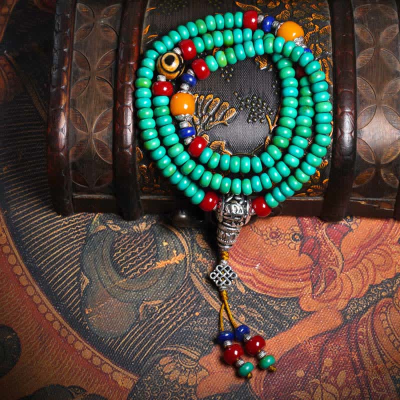 Buddha Stones 108 Mala Beads Tibetan Turquoise Dzi Bead Protection Bracelet - image 8