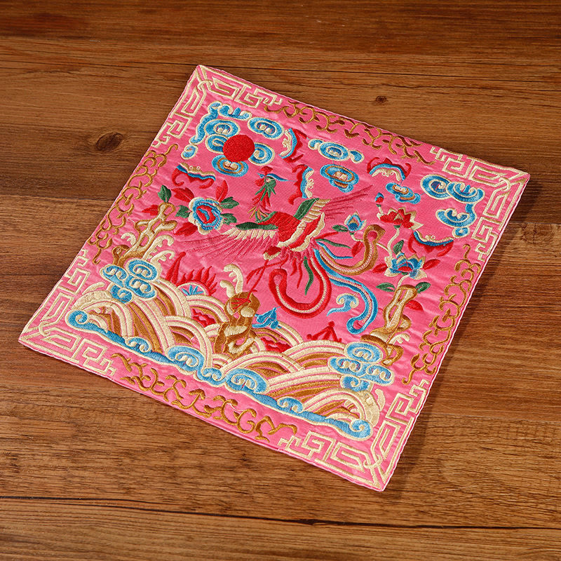 Buddha Stones Crane Phoenix Dragon Kirin Embroidered Cup Mat Pad Tea Cup Coaster Square Kung Fu Tea Mat - Pink Phoenix - image 10
