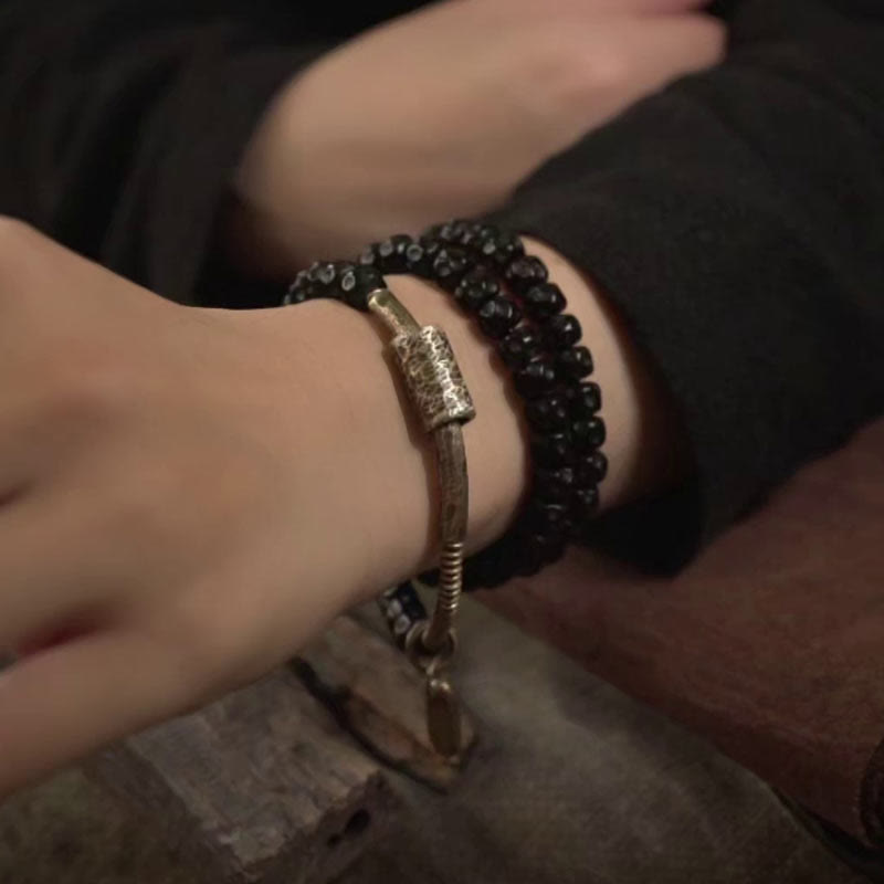 Buddha Stones Retro Coconut Shell Brass Copper Happiness Triple Wrap Bracelet - image 11