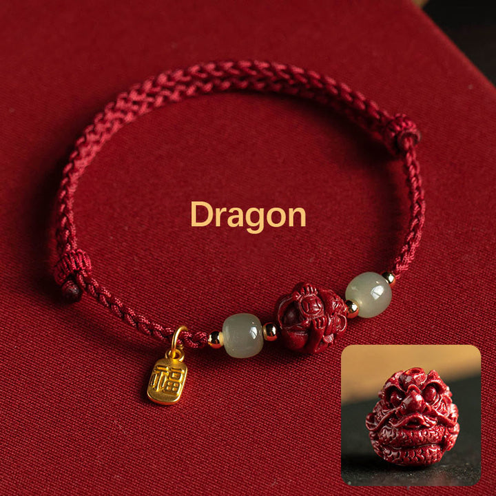Buddha Stones Natural Cinnabar Chinese Zodiac Hetian Jade Fu Character Luck Rope Bracelet - Dragon(Wrist Circumference 14-18cm) - image 4