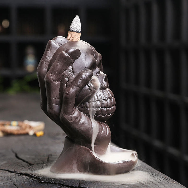 Buddha Stones Halloween Skull With Ghost Hand Purple Clay Spiritual Incense Burner Decoration - image 4