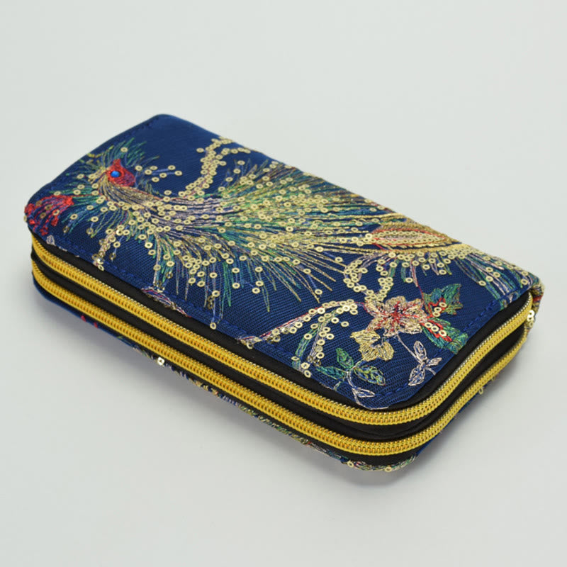 Buddha Stones Peacock Double-sided Embroidery Cash Holder Wallet Shopping Purse - Dark Blue Peacock - image 6