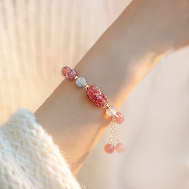 Buddha Stones Natural Strawberry Quartz Moonstone PiXiu Love Healing Bracelet - image 3