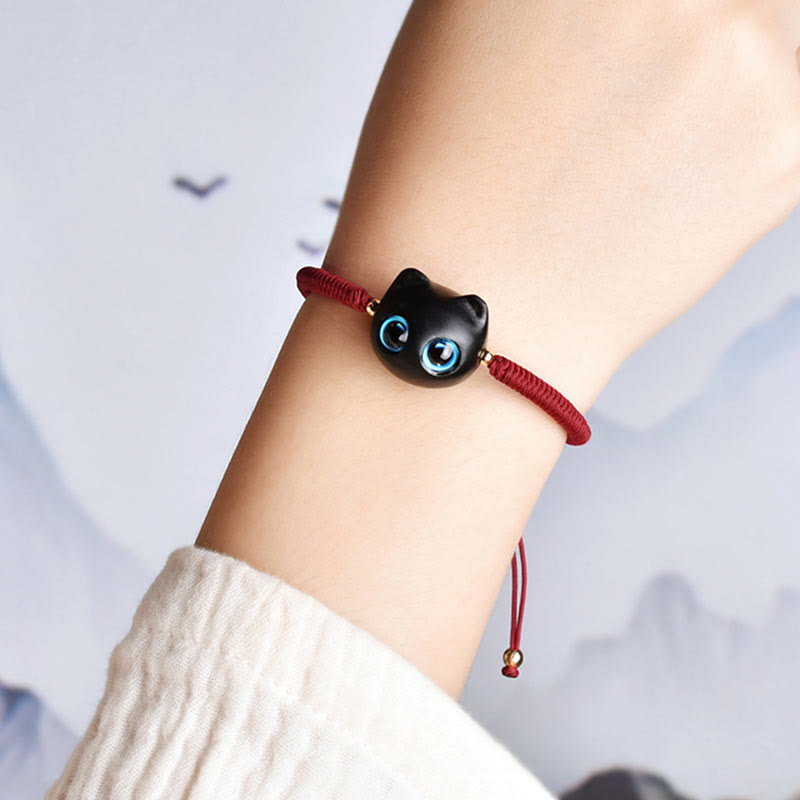Buddha Stones Ebony Wood Cat Head Pattern Peace King Kong Knot Braided Bracelet - image 5