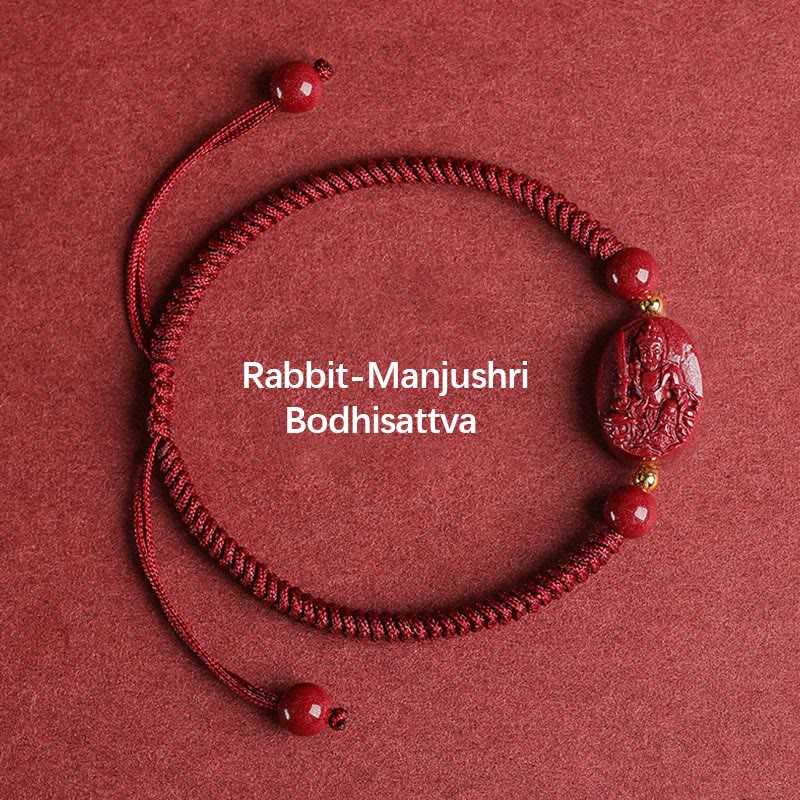 Buddha Stones Chinese Zodiac Natal Buddha Cinnabar Keep Away Evil Spirits Rope Bracelet - Rabbit-Manjushri Bodhisattva - image 4