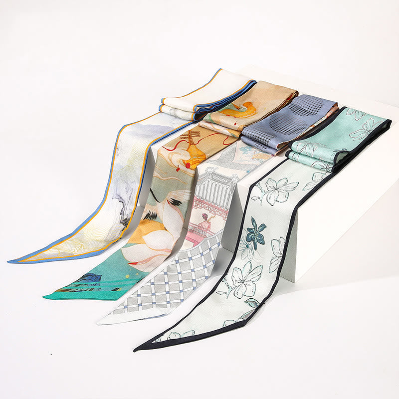 Buddha Stones Dunhuang Frescoes Mountains Sunset Floral Pattern 100% Mulberry Twilly Silk Neck Hair Scarf - image 1