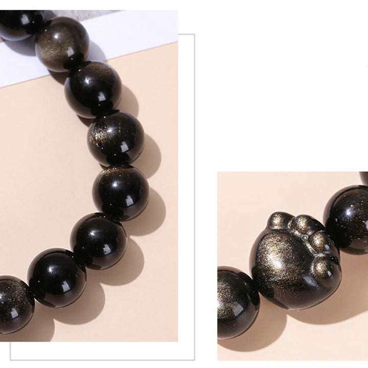 Buddha Stones Natural Gold Sheen Obsidian Silver Sheen Obsidian Cute Cat Paw Claw Wealth Bracelet - image 4