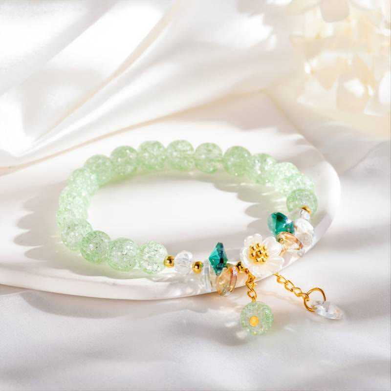 Buddha Stones Simple Design Flower Charm Glass Bead Bracelet - Green - image 0