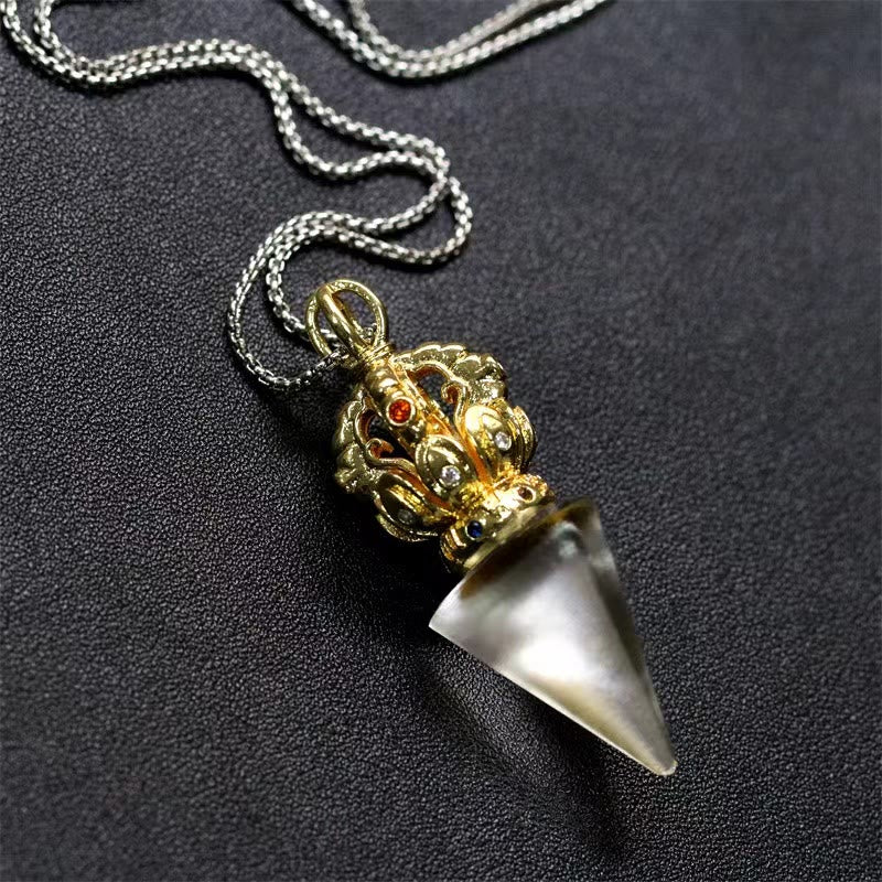 Buddha Stones Tibetan Dorje Vajra 4 Prong Lotus Liuli Crystal Strength Necklace Pendant - image 15