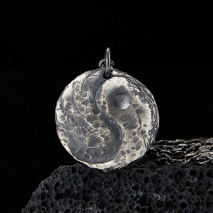 Buddha Stones 990 Sterling Silver Yin Yang Hammer Texture Harmony Necklace Pendant - 990 Sterling Silver - image 0