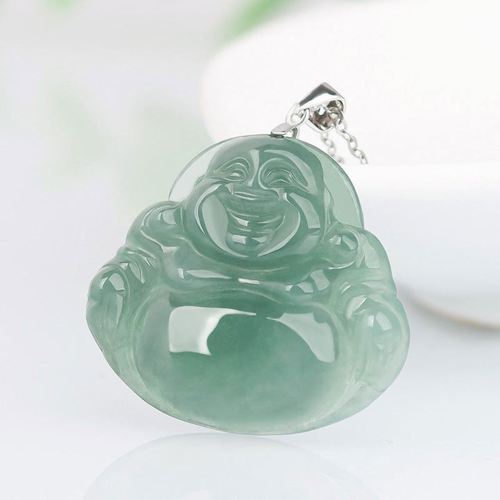 Buddha Stones Laughing Buddha Jade Protection Calm Titanium Steel Chain Necklace Pendant - image 1