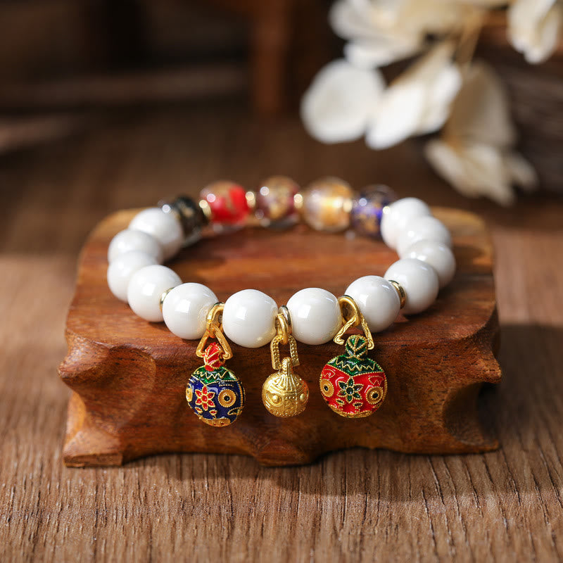 Buddha Stones Gold Swallowing Beast Family Charm Liuli Glass Colorful Porcelain Bead Luck Bracelet - Gold Swallowing Beast Family&Multicolored Gold Silver Foil Bead - image 9
