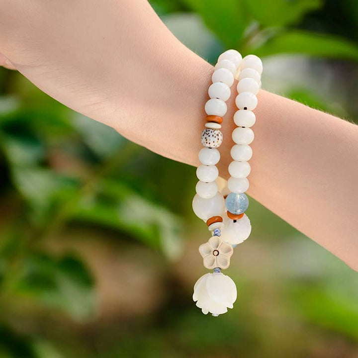 Buddha Stones Tibetan White Jade Bodhi Lotus Blessing Bracelet - image 7