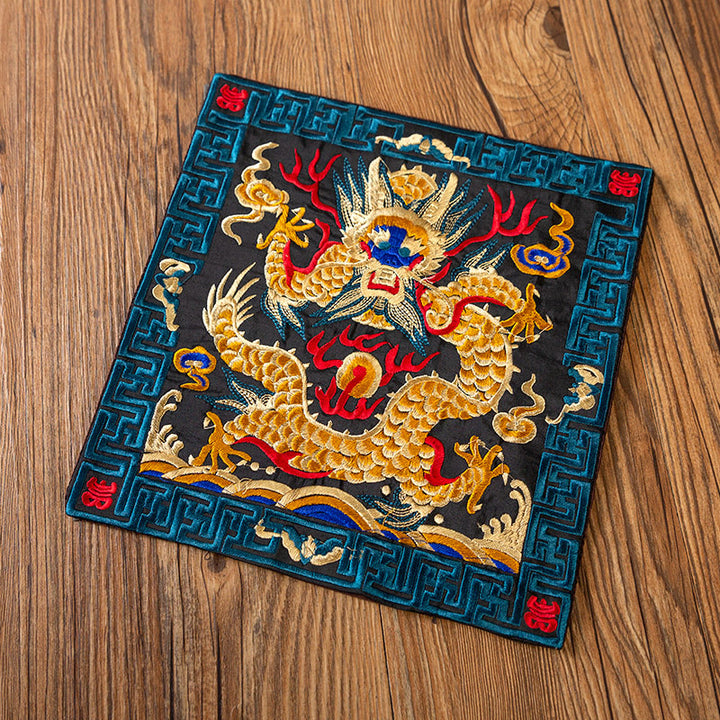 Buddha Stones Phoenix Dragon Kirin Embroidery Cup Mat Pad Tea Cup Coaster Kung Fu Tea Mat - Black Yellow Dragon - image 21