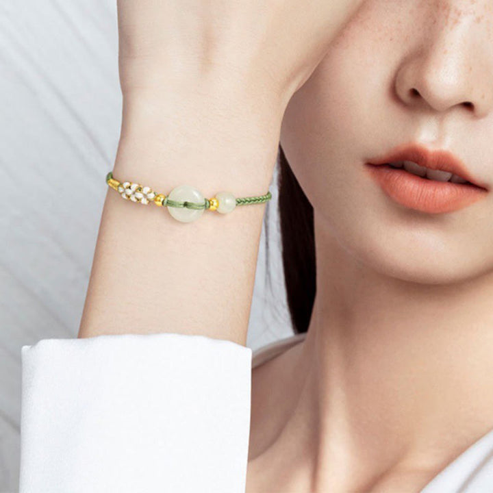 Buddha Stones Hetian Jade Peace Buckle Luck Peach Blossom Braided Bracelet - image 4