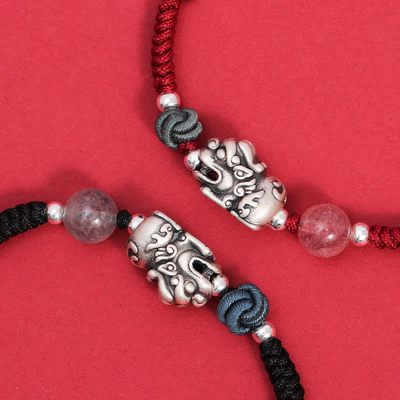 Buddha Stones 999 Sterling Silver PiXiu Strawberry Quartz Bead Wealth Luck Braided Bracelet - image 10