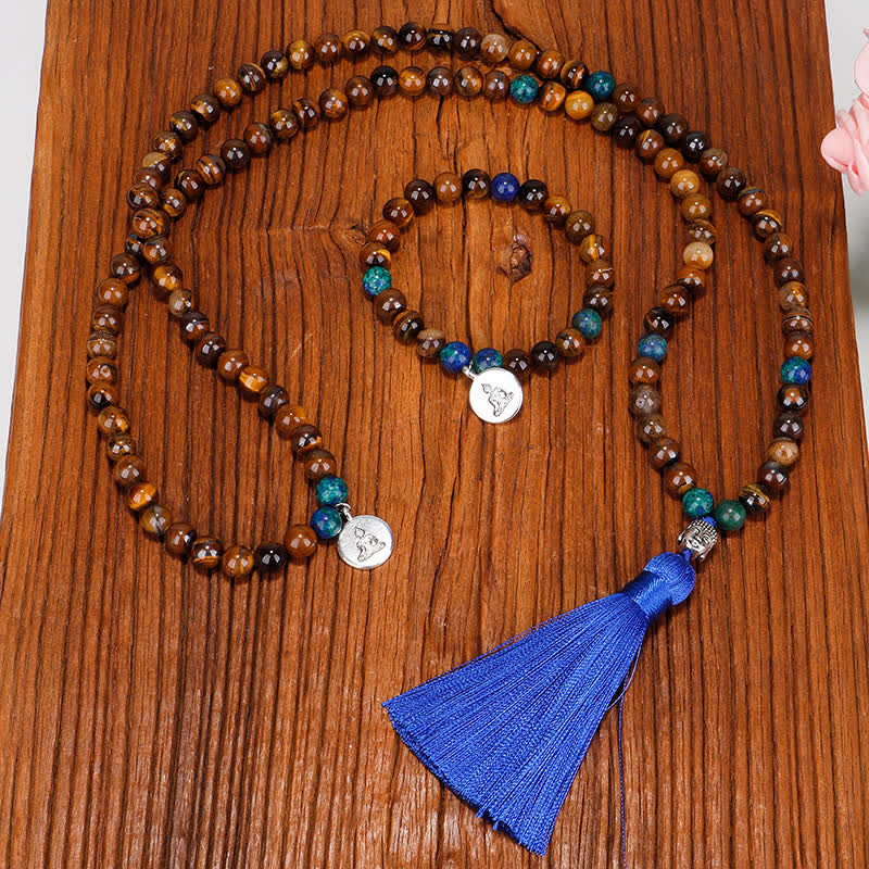 Buddha Stones 108 Mala Beads Tiger Eye Buddha Strength Bracelet Tassel Necklace Pendant - image 1
