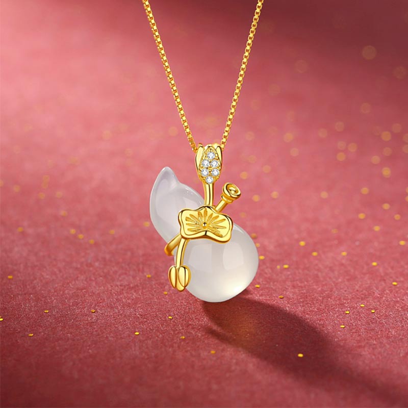 Buddha Stones Cyan Jade Gourd Lotus Leaf Abundance Pendant Necklace - White Jade - image 5