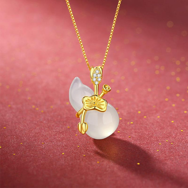 Buddha Stones Cyan Jade Gourd Lotus Leaf Abundance Pendant Necklace - White Jade - image 5