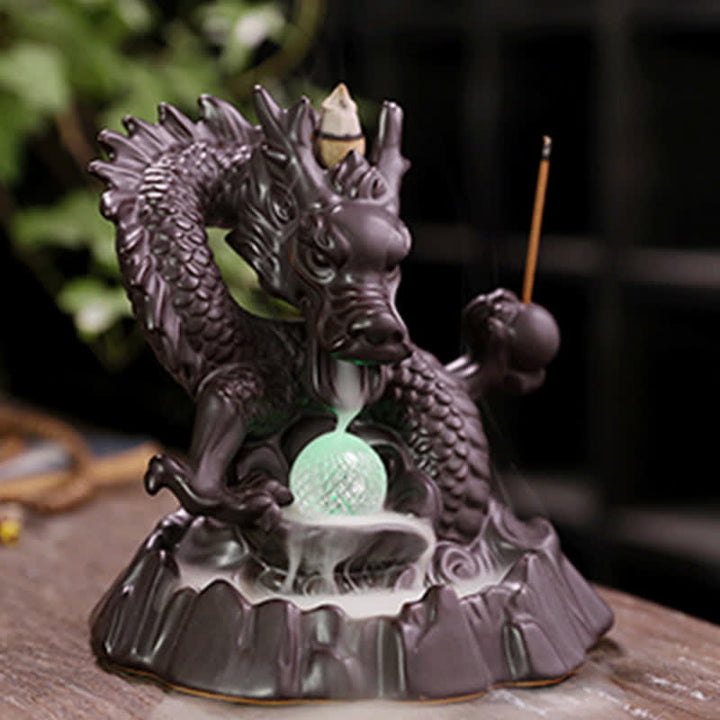 Buddha Stones Auspicious Dragon Ceramic Backflow Smoke Fountain Meditation Healing Incense Burner Led Ball Decoration - image 2