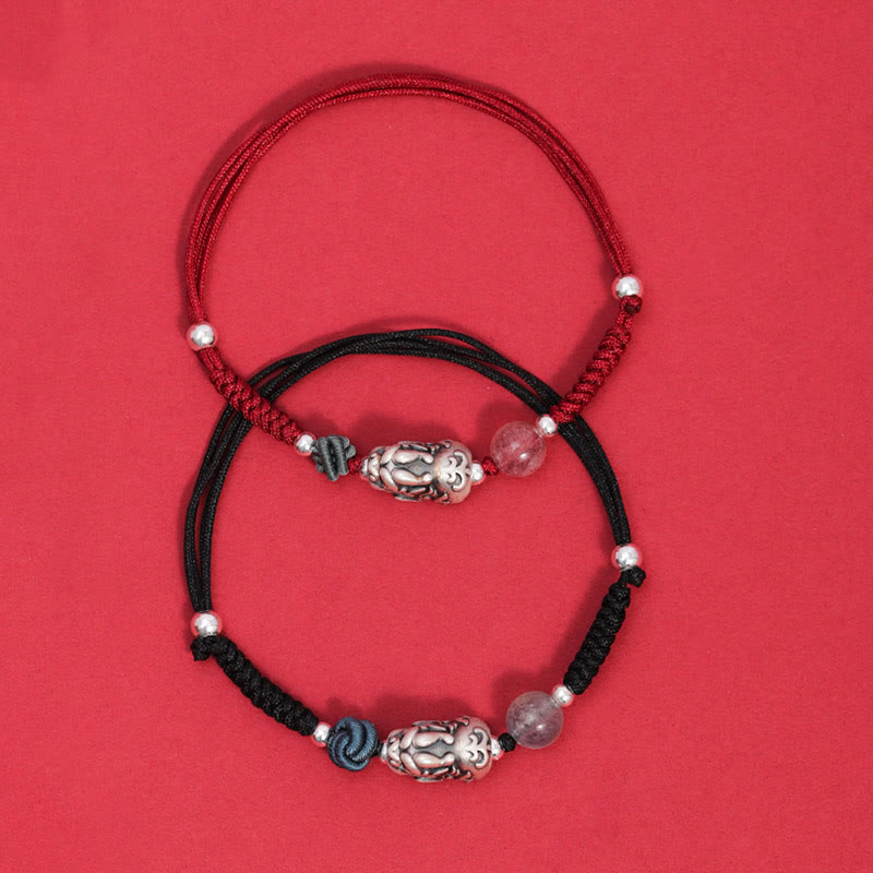 Buddha Stones 999 Sterling Silver PiXiu Strawberry Quartz Bead Wealth Luck Braided Bracelet - image 1
