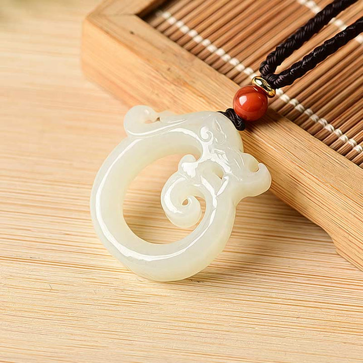 Buddha Stones White Jade Cyan Jade Dragon Protection Necklace String Pendant - White Jade - image 6