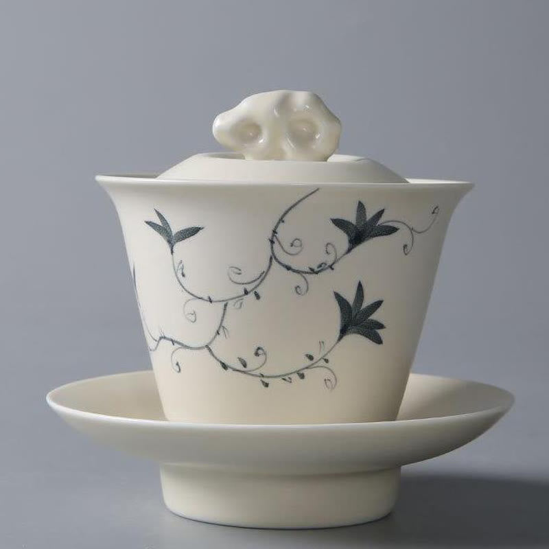 Buddha Stones Hand Painted Pomegranate Hibiscus Pine Lotus Ceramic Gaiwan Sancai Teacup Kung Fu Tea Cup And Saucer With Lid - 9*10cm*170ml - Lotus - image 21