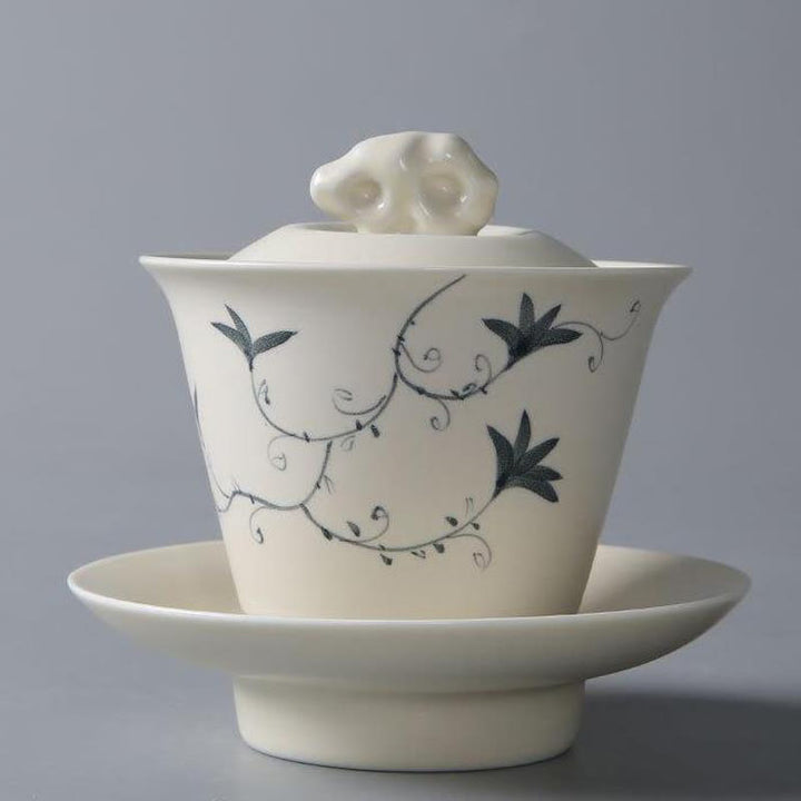 Buddha Stones Hand Painted Pomegranate Hibiscus Pine Lotus Ceramic Gaiwan Sancai Teacup Kung Fu Tea Cup And Saucer With Lid - 9*10cm*170ml - Lotus - image 21