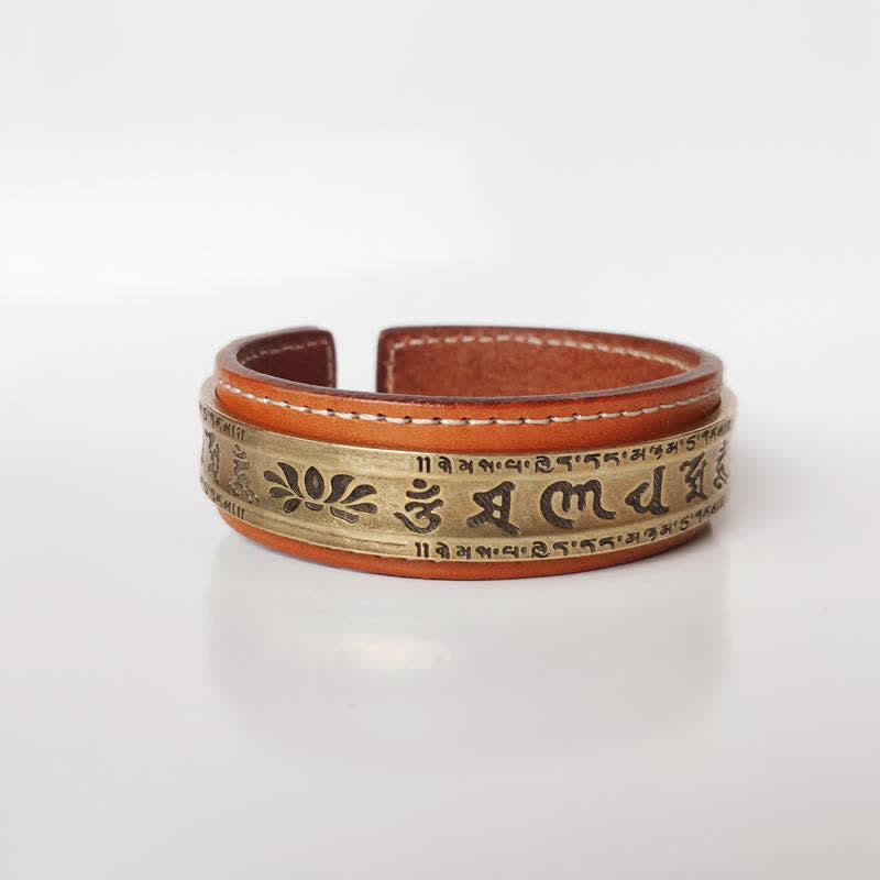 Buddha Stones 2Pcs Om Mani Padme Hum Dragon Phoenix Copper Leather Peace Cuff Bracelet Bangle - Lotus&Om Mani Padme Hum - image 7