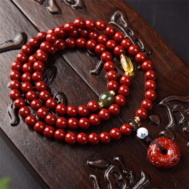 Buddha Stones Tibetan Cinnabar Peace Buckle Triple Wrap Blessing Bracelet Mala - Cinnabar - image 0