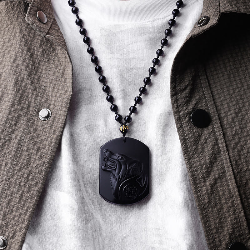 Buddha Stones Black Obsidian Stone Wolf Purification Pendant Necklace - image 4